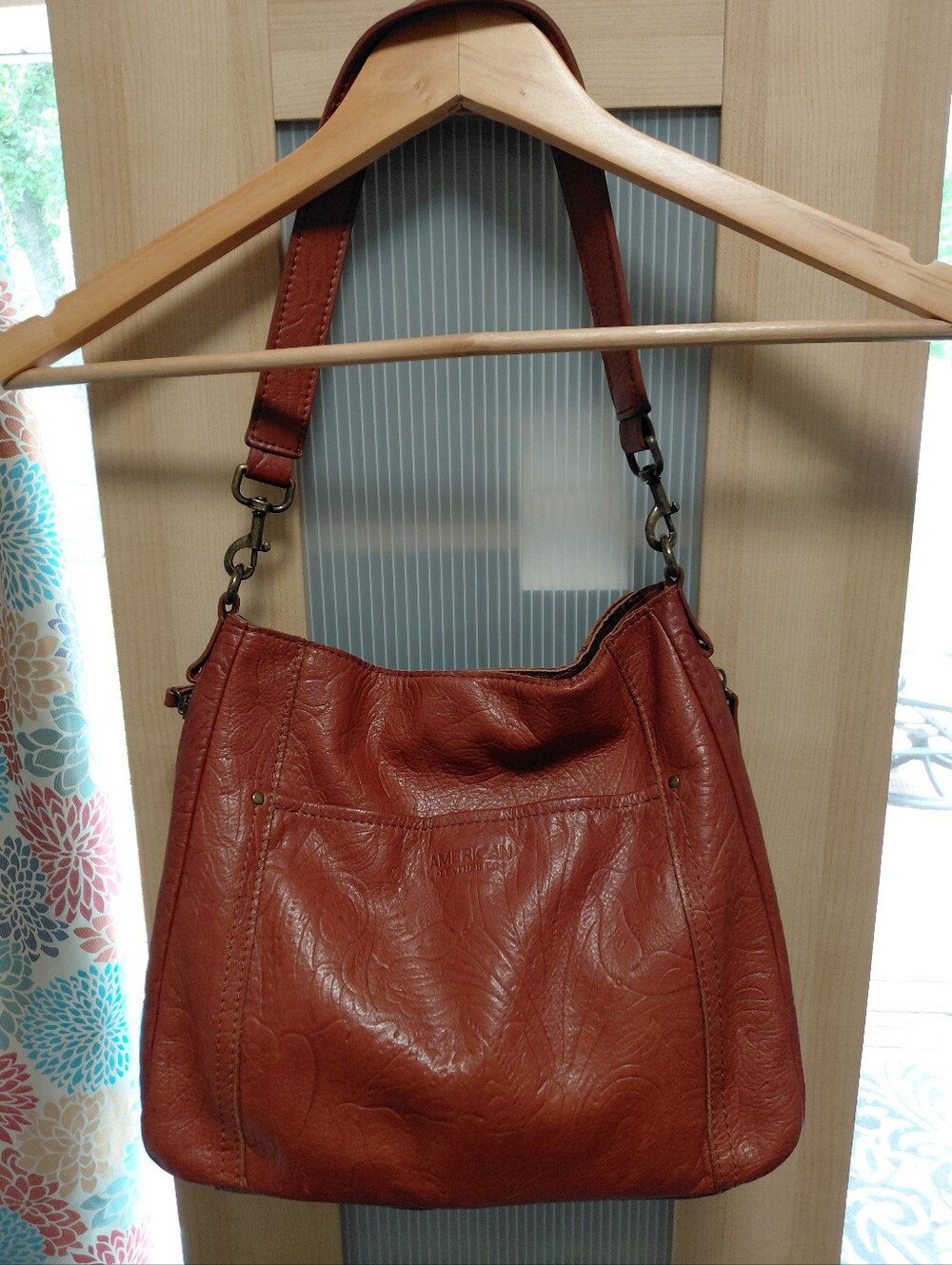American Leather Co Chestnut Shoulder Hobo Bag W/Embossing